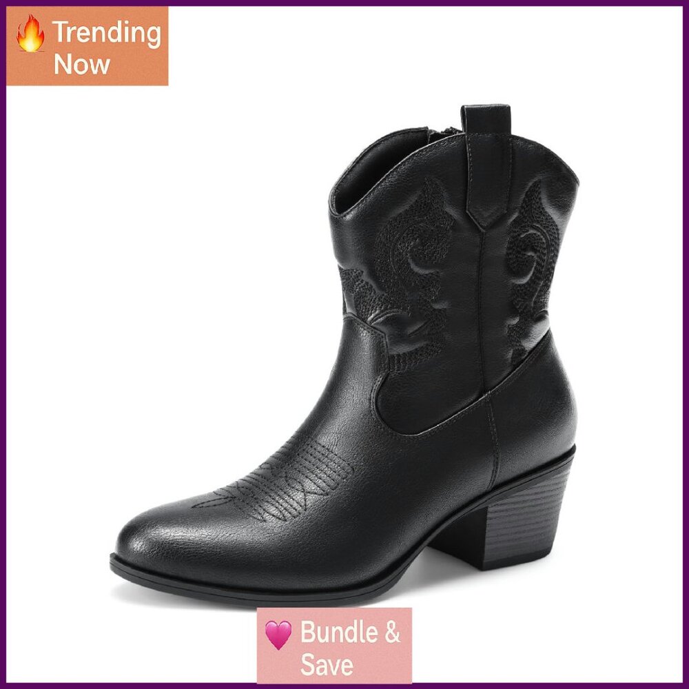 Women's Western Ankle Boots Embroidered Chunky Heel Round Toe